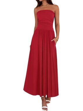 Women's Red Summer Maxi Dress Strapless Ruched Tube Top Flowy Beach Vacation